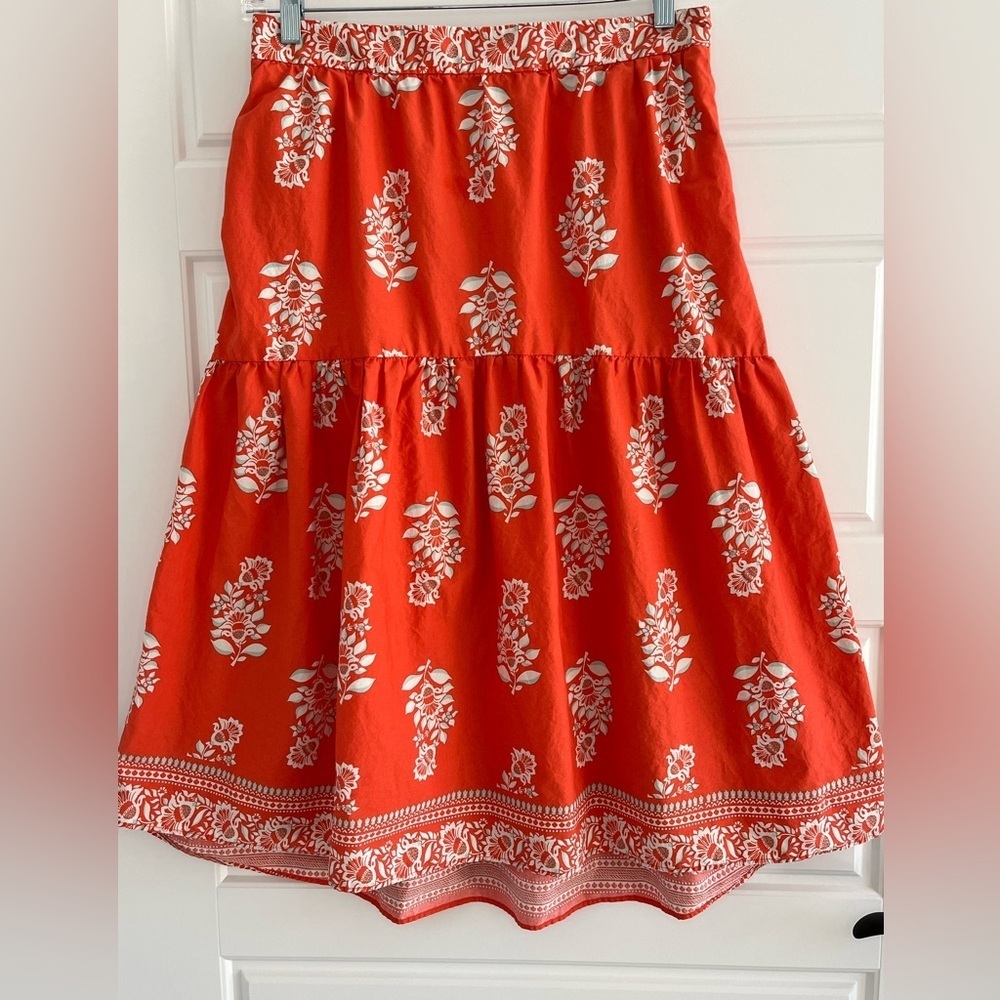 Ann Taylor Floral Market Full Midi Skirt Boho Romantic Orange White 12 Cotton